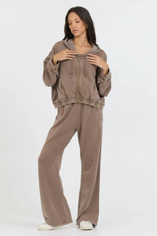 Women Vintage Havana Sweatshirts Washed Mocha Garment Dye French Terry Zip Up Hoodie Mocha