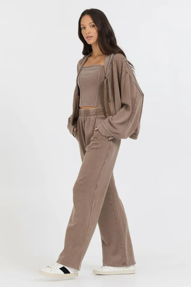 Women Vintage Havana Sweatshirts Washed Mocha Garment Dye French Terry Zip Up Hoodie Mocha