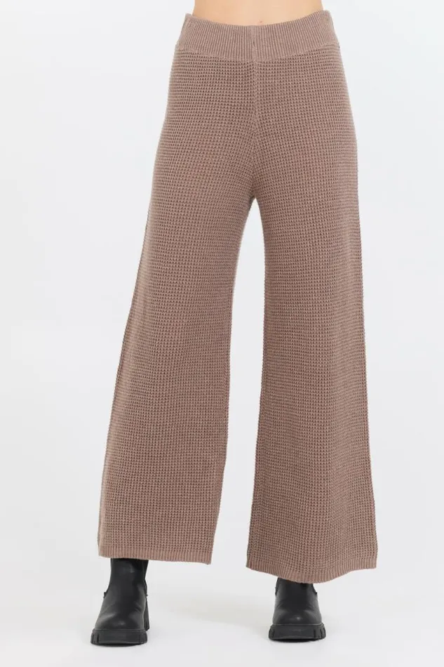 Women Vintage Havana Wide Leg Pants Heather Brown Waffle Knit Flare Pant Brown