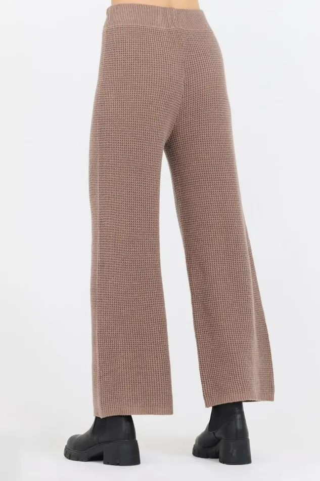 Women Vintage Havana Wide Leg Pants Heather Brown Waffle Knit Flare Pant Brown