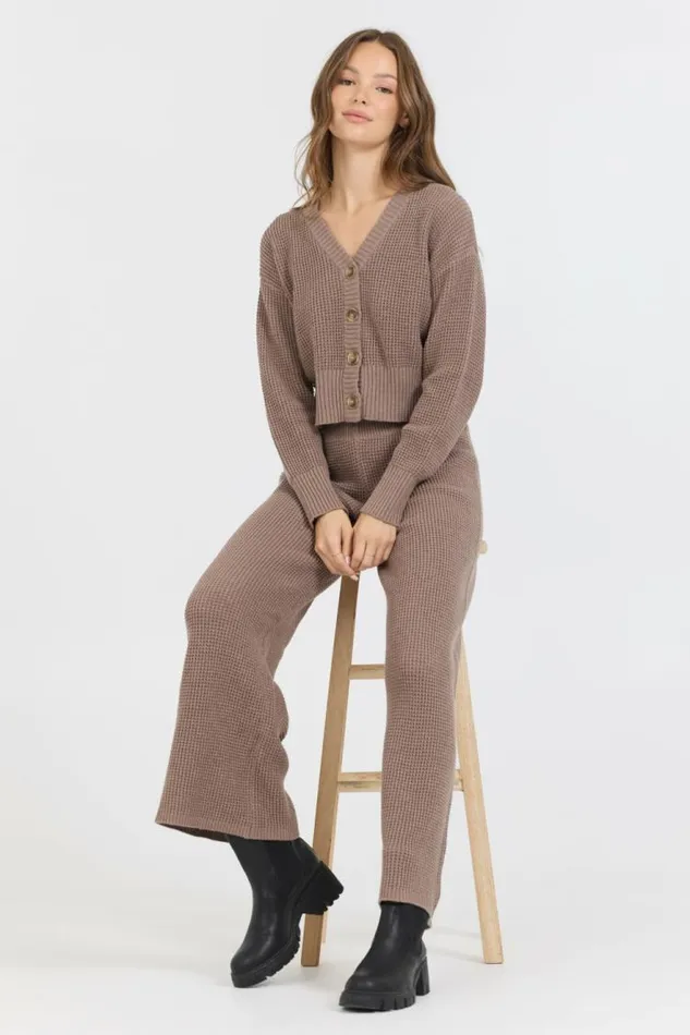 Women Vintage Havana Wide Leg Pants Heather Brown Waffle Knit Flare Pant Brown