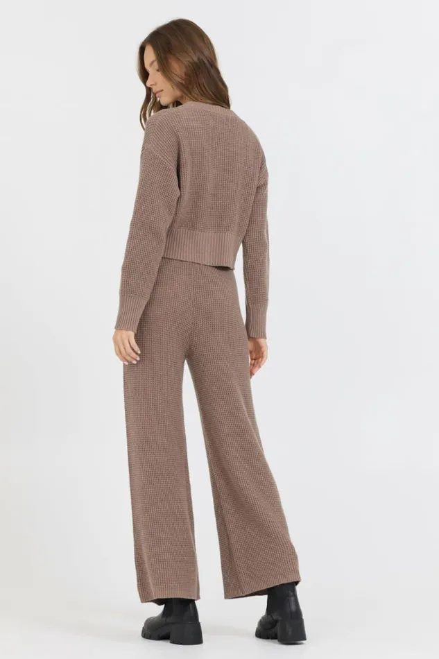 Women Vintage Havana Wide Leg Pants Heather Brown Waffle Knit Flare Pant Brown