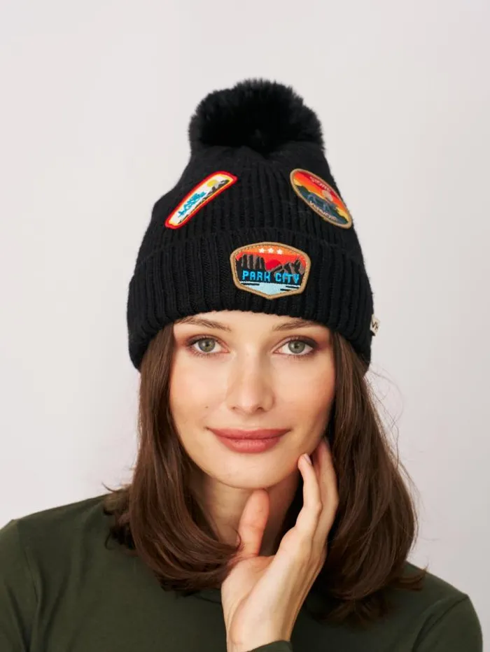 Women Vintage Havana Winter Hats RIBBED POMPOM BEANIE WITH LAKE TAHOE PATCH 8211 BLACK Black