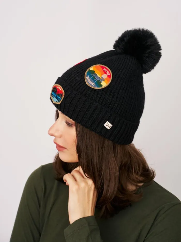 Women Vintage Havana Winter Hats RIBBED POMPOM BEANIE WITH LAKE TAHOE PATCH 8211 BLACK Black Women Vintage Havana Winter Hats RIBBED POMPOM BEANIE WITH LAKE TAHOE PATCH 8211 BLACK Black