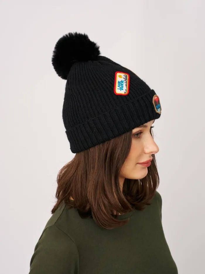 Women Vintage Havana Winter Hats RIBBED POMPOM BEANIE WITH LAKE TAHOE PATCH 8211 BLACK Black Women Vintage Havana Winter Hats RIBBED POMPOM BEANIE WITH LAKE TAHOE PATCH 8211 BLACK Black