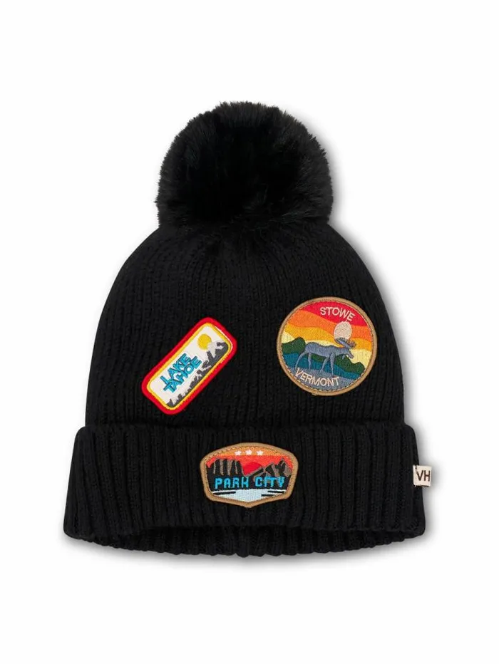 Women Vintage Havana Winter Hats RIBBED POMPOM BEANIE WITH LAKE TAHOE PATCH 8211 BLACK Black Women Vintage Havana Winter Hats RIBBED POMPOM BEANIE WITH LAKE TAHOE PATCH 8211 BLACK Black