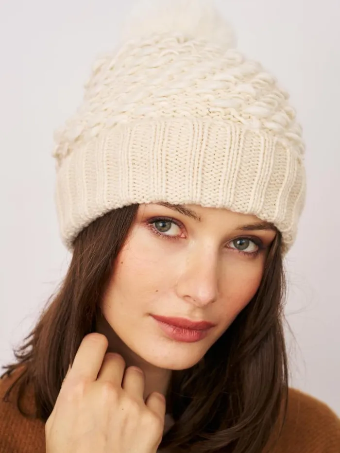Women Vintage Havana Winter Hats TURN UP POMPOM HAT 8211 CREAM Cream