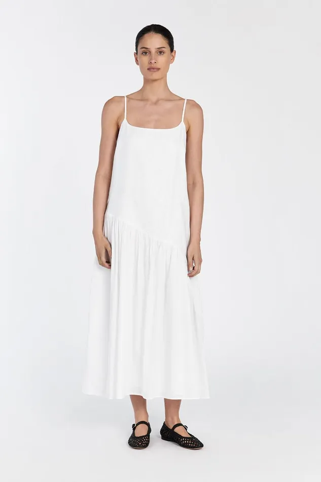 Women White Dresses DISSH NOAH WHITE LINEN ASYM MIDI DRESS