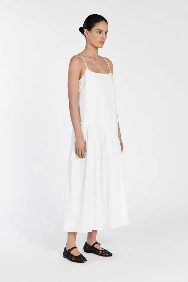 Women White Dresses DISSH NOAH WHITE LINEN ASYM MIDI DRESS