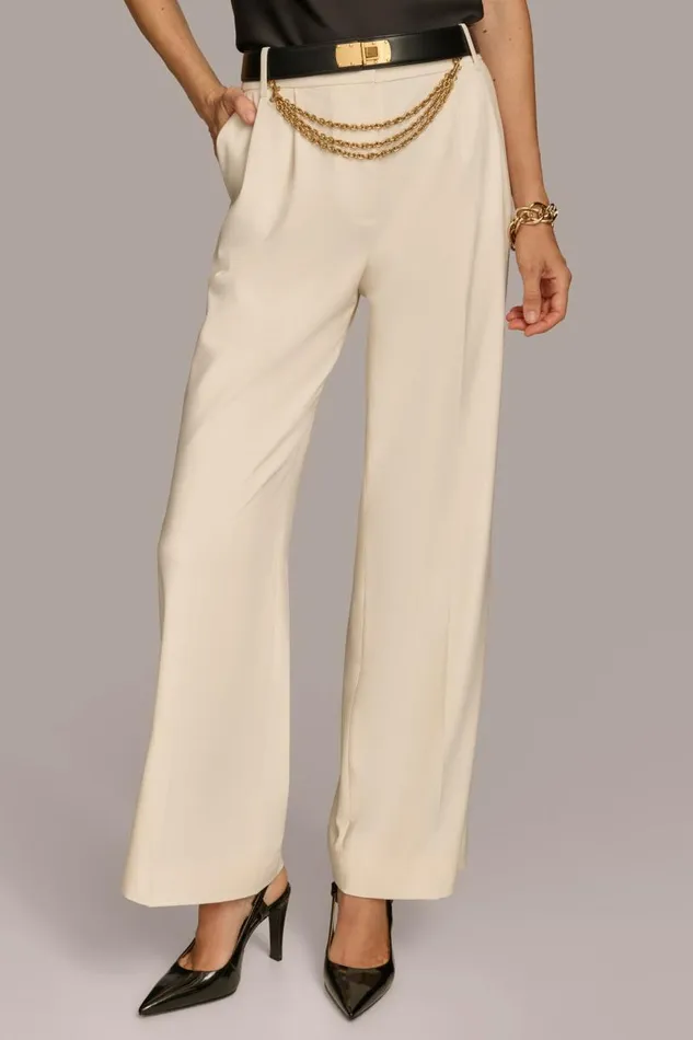 Women WIDE LEG TROUSER WITH CHAIN BELT Ivory Donna Karan New York Pants