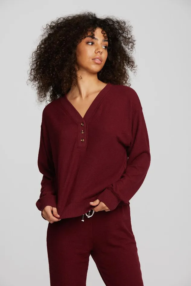 Womens Chaser Brand Tops Recycled Bliss Knit Long Sleeve Henley With Rib