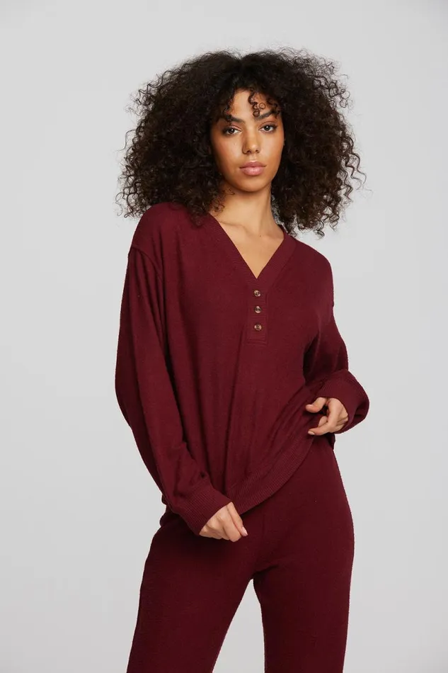 Womens Chaser Brand Tops Recycled Bliss Knit Long Sleeve Henley With Rib
