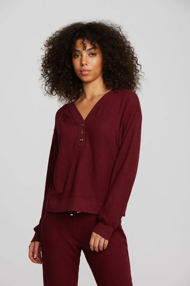 Womens Chaser Brand Tops Recycled Bliss Knit Long Sleeve Henley With Rib