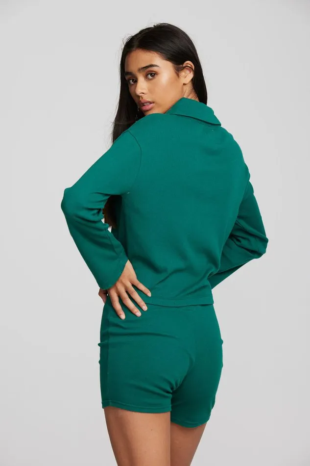 Womens Chaser Brand Tops Recycled Vintage Rib Cropped Polo With Distressed Detail Long Sleeve