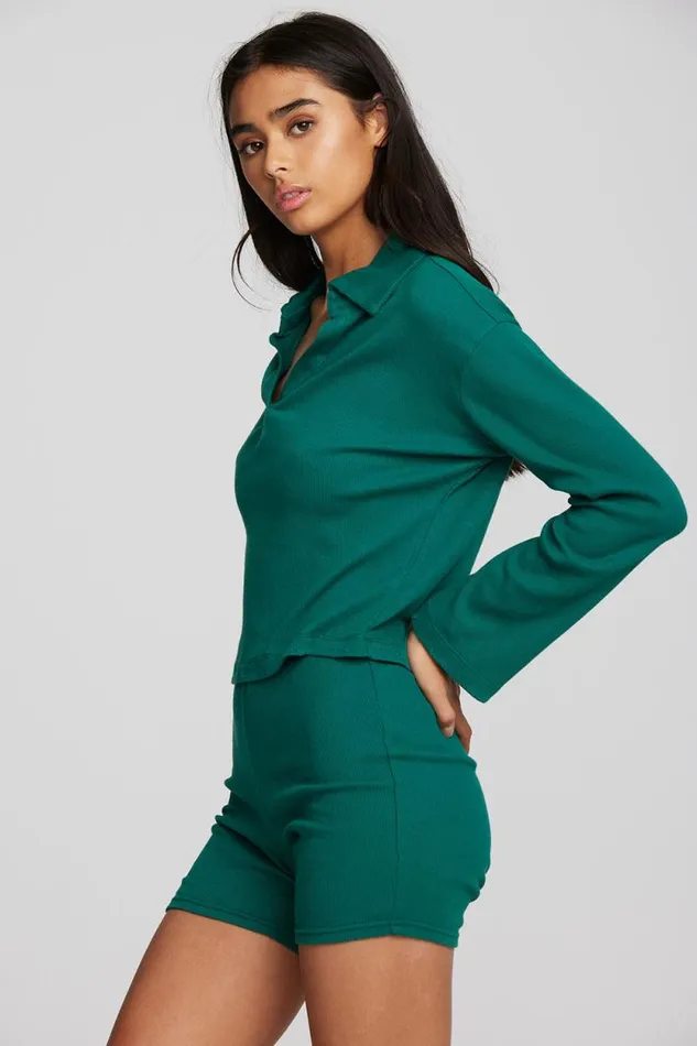 Womens Chaser Brand Tops Recycled Vintage Rib Cropped Polo With Distressed Detail Long Sleeve