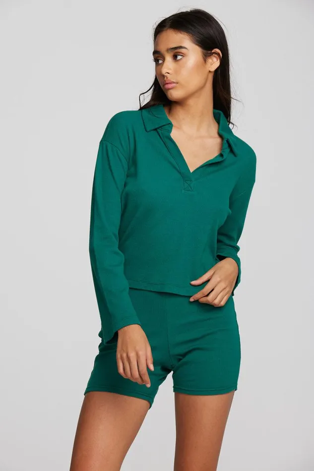 Womens Chaser Brand Tops Recycled Vintage Rib Cropped Polo With Distressed Detail Long Sleeve