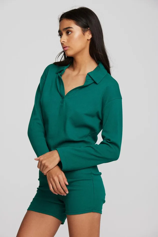 Womens Chaser Brand Tops Recycled Vintage Rib Cropped Polo With Distressed Detail Long Sleeve