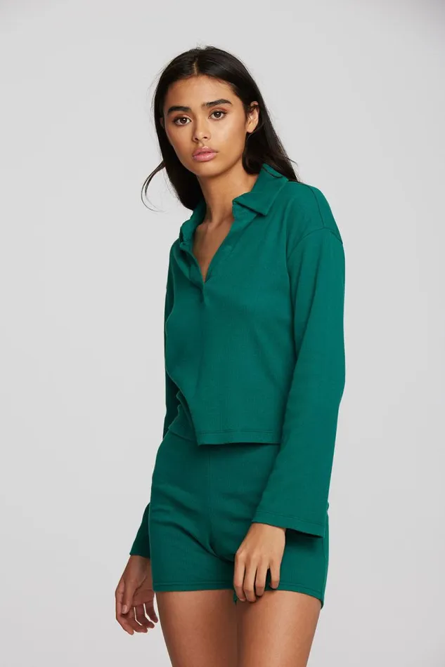 Womens Chaser Brand Tops Recycled Vintage Rib Cropped Polo With Distressed Detail Long Sleeve