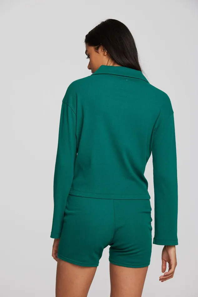 Womens Chaser Brand Tops Recycled Vintage Rib Cropped Polo With Distressed Detail Long Sleeve