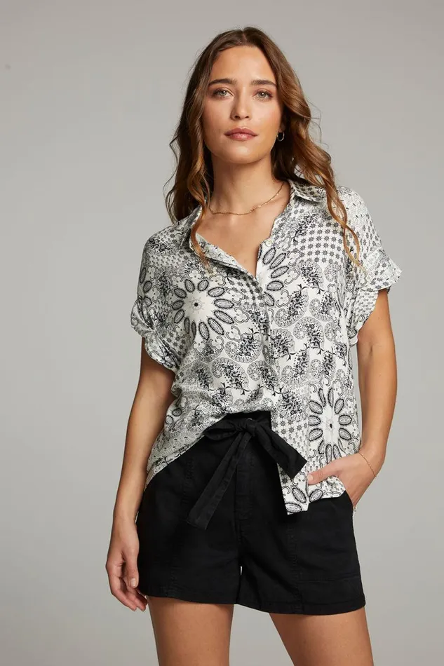 Womens Chaser Brand Tops Rhythmm Paisley Bandana Button Down