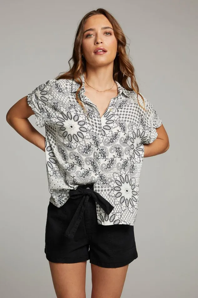 Womens Chaser Brand Tops Rhythmm Paisley Bandana Button Down