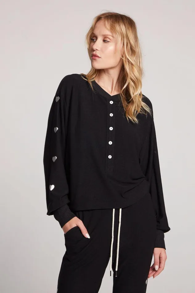 Womens Chaser Brand Tops Silver Foil Hearts Long Sleeve
