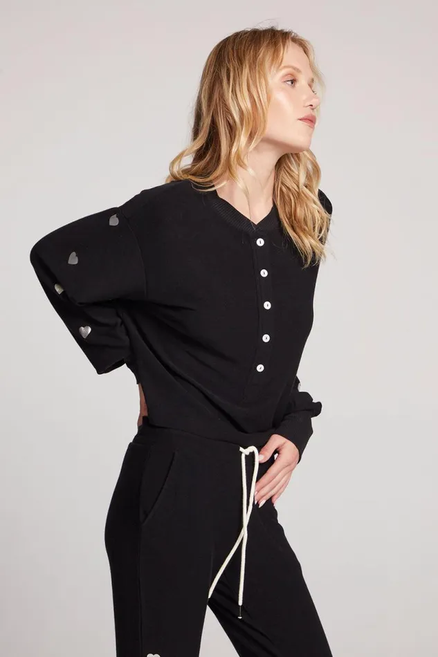 Womens Chaser Brand Tops Silver Foil Hearts Long Sleeve