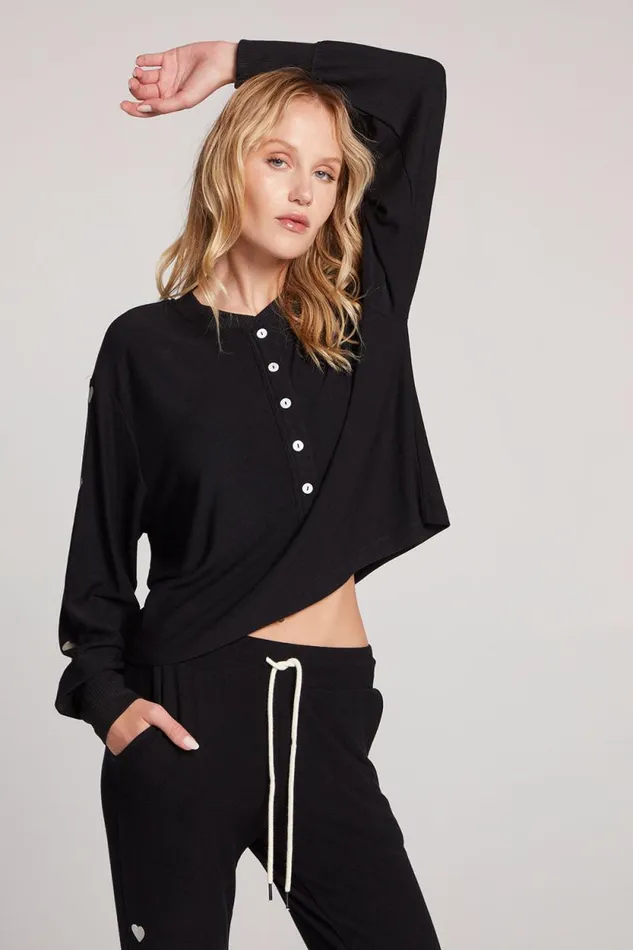 Womens Chaser Brand Tops Silver Foil Hearts Long Sleeve