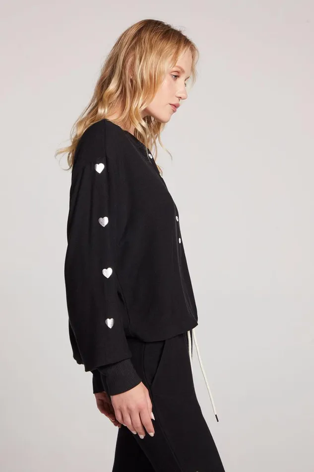 Womens Chaser Brand Tops Silver Foil Hearts Long Sleeve