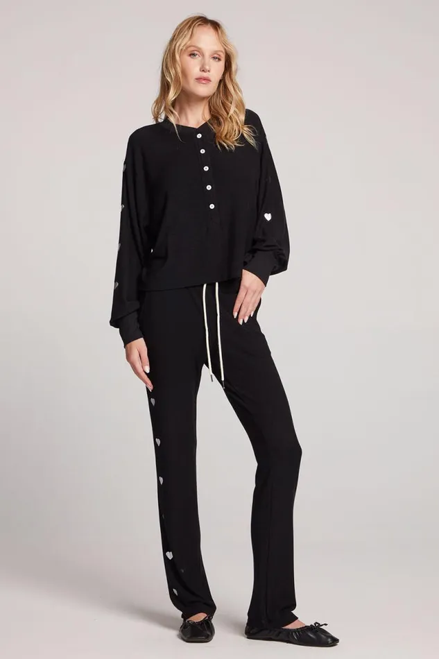 Womens Chaser Brand Tops Silver Foil Hearts Long Sleeve