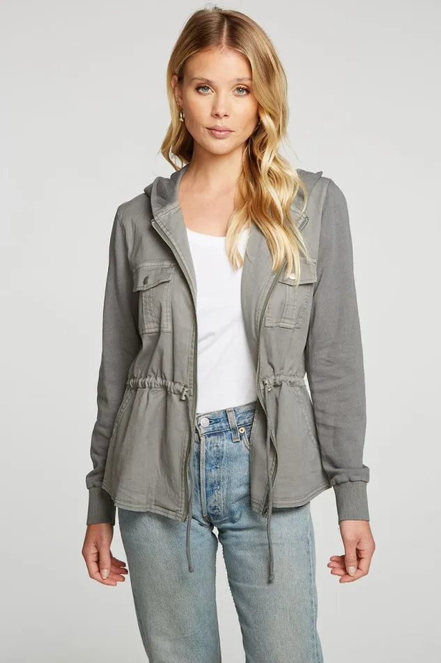 Womens Chaser Brand Tops Stretch Twill Long Sleeve Utility Jacket With Terry And Rib