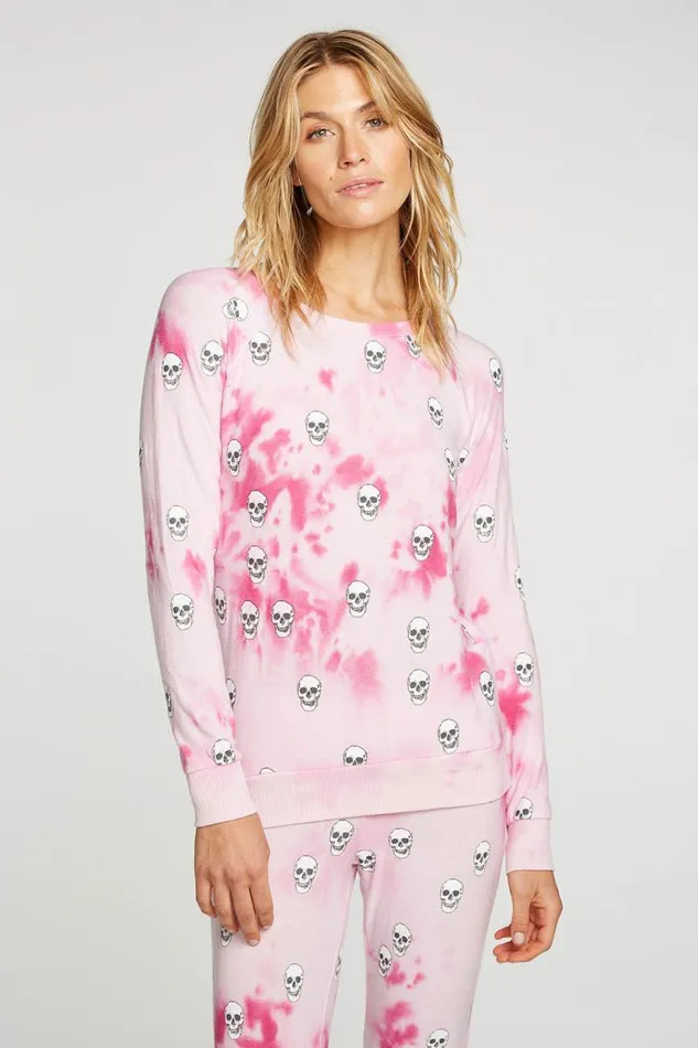 Womens Chaser Brand Tops Tie Dye Skull Pullover