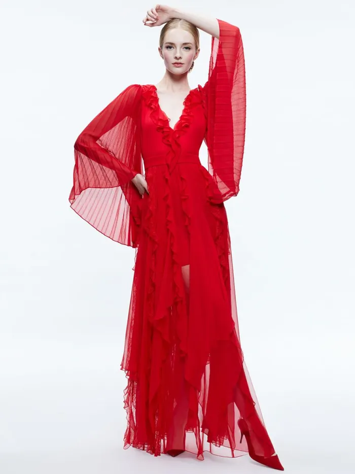 Womens Dresses Alice Olivia Day Sunburst Sleeve Maxi Dress Perfect Ruby