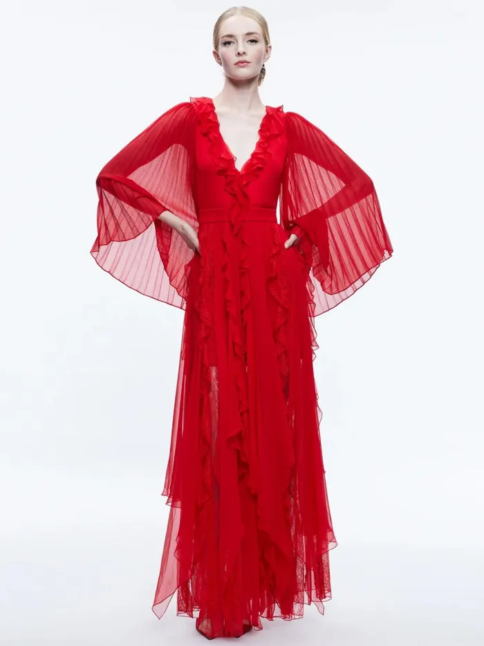 Womens Dresses Alice Olivia Day Sunburst Sleeve Maxi Dress Perfect Ruby