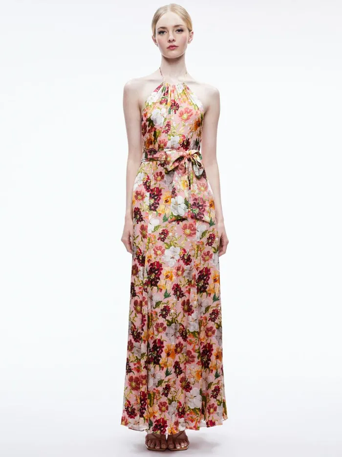 Womens Dresses Alice Olivia Dita Tie Neck Halter Dress Juniper Floral Rose