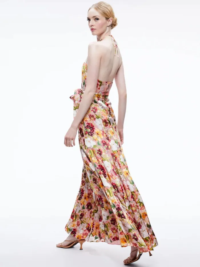 Womens Dresses Alice Olivia Dita Tie Neck Halter Dress Juniper Floral Rose