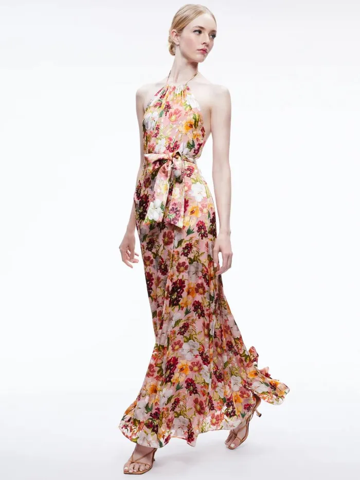 Womens Dresses Alice Olivia Dita Tie Neck Halter Dress Juniper Floral Rose