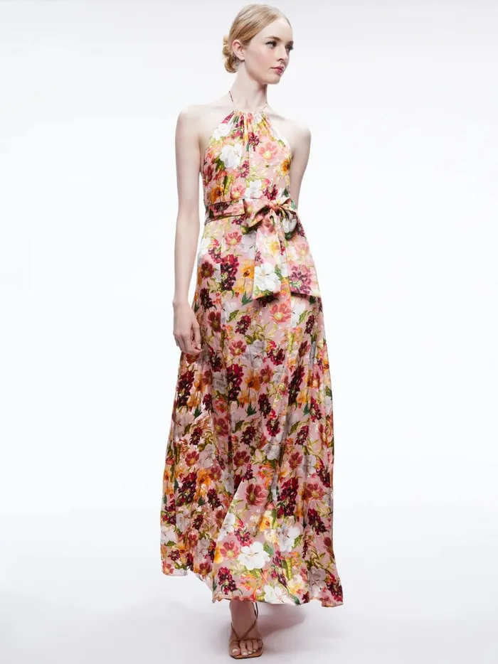 Womens Dresses Alice Olivia Dita Tie Neck Halter Dress Juniper Floral Rose