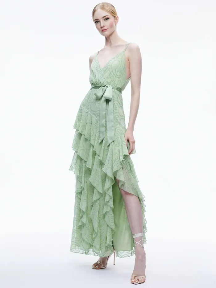 Womens Dresses Alice Olivia Emelia VNeck Eyelet Ruffle Maxi Dress Green Tea