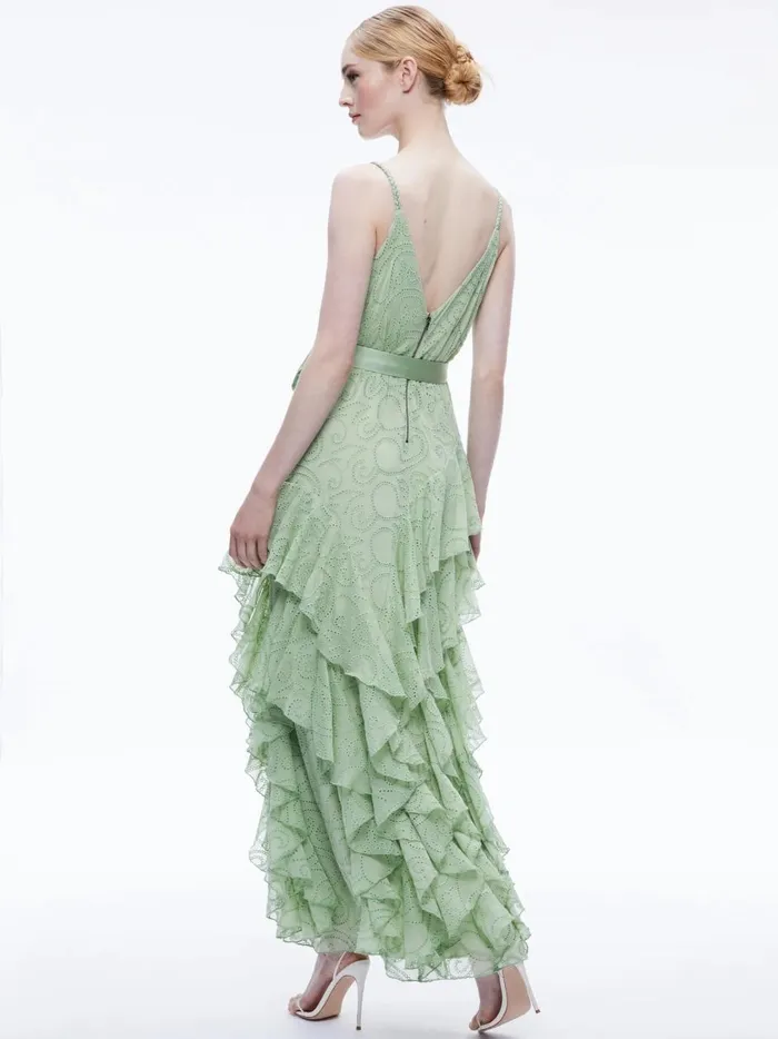 Womens Dresses Alice Olivia Emelia VNeck Eyelet Ruffle Maxi Dress Green Tea