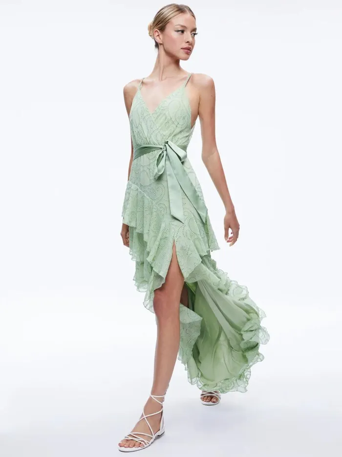 Womens Dresses Alice Olivia Emelia VNeck Eyelet Ruffle Maxi Dress Green Tea
