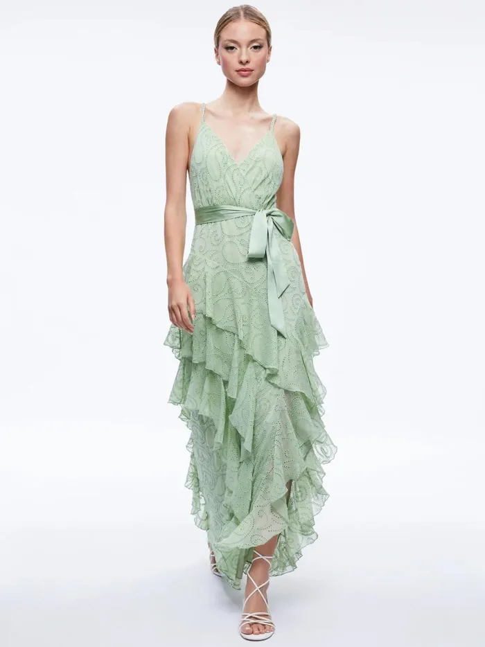 Womens Dresses Alice Olivia Emelia VNeck Eyelet Ruffle Maxi Dress Green Tea