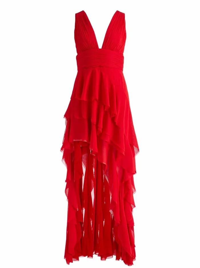 Womens Dresses Alice Olivia Holly Asymmetric Ruffle Maxi Dress Bright Ruby