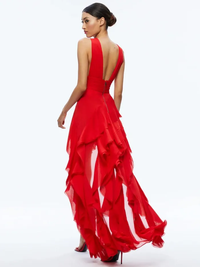 Womens Dresses Alice Olivia Holly Asymmetric Ruffle Maxi Dress Bright Ruby