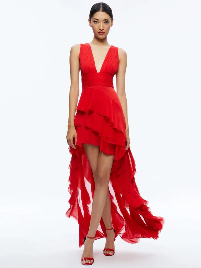 Womens Dresses Alice Olivia Holly Asymmetric Ruffle Maxi Dress Bright Ruby