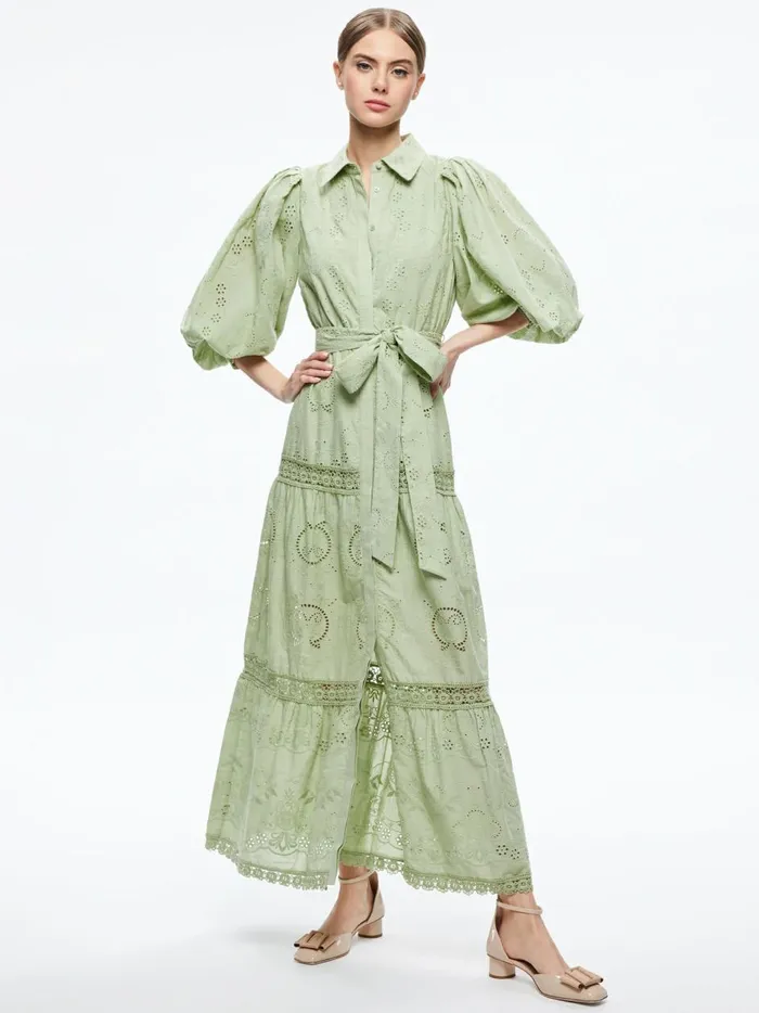 Womens Dresses Alice Olivia Lilly Collared Eyelet Maxi Dress Green Tea