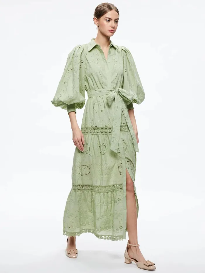 Womens Dresses Alice Olivia Lilly Collared Eyelet Maxi Dress Green Tea