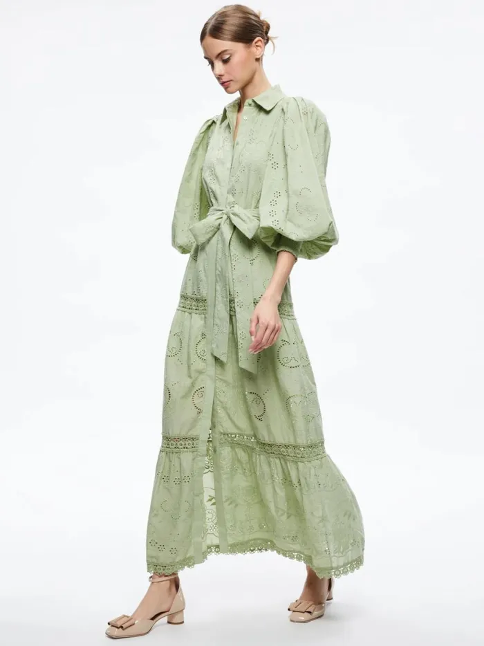 Womens Dresses Alice Olivia Lilly Collared Eyelet Maxi Dress Green Tea