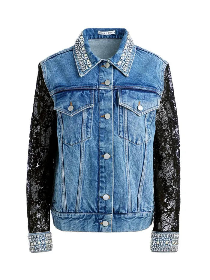 Womens Jackets Coats Alice Olivia Jeff Embellished Lace Sleeve Denim Jacket Indigo Nights Womens Jackets Coats Alice Olivia Jeff Embellished Lace Sleeve Denim Jacket Indigo Nights