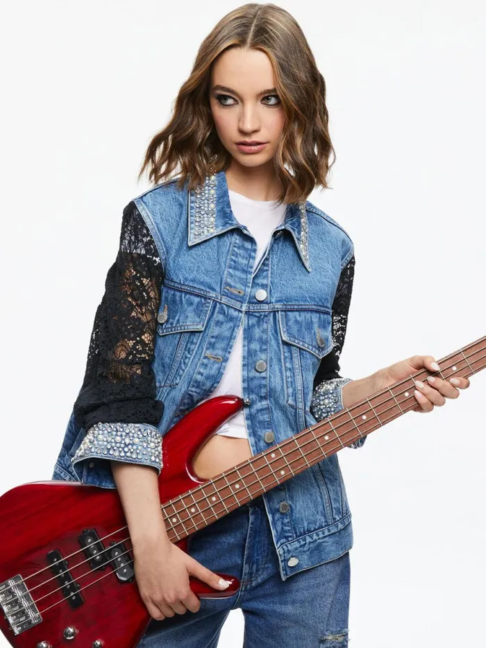 Womens Jackets Coats Alice Olivia Jeff Embellished Lace Sleeve Denim Jacket Indigo Nights
